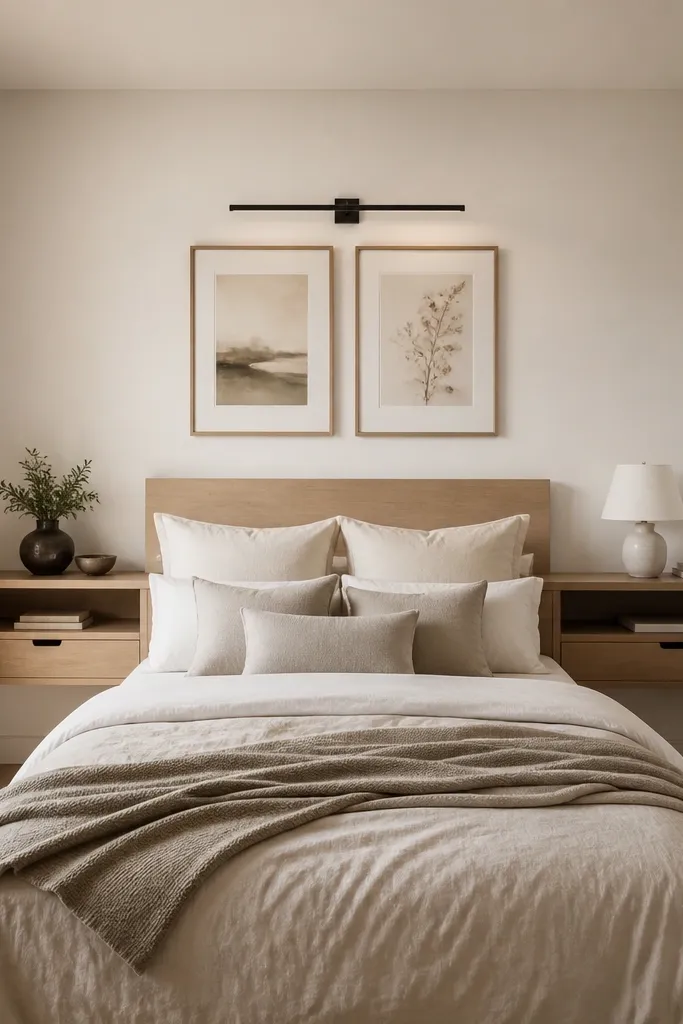 A compact bedroom where the wall behind the bed has a single long floating panel with two lower drawers and two open cubbies. The bed is centered, with a simple headboard in light wood. A slim black picture light sits above framed prints. The rest of the wall is blank paint in soft warm white.