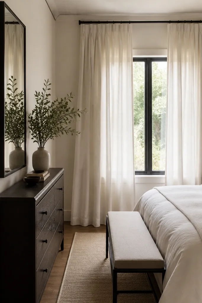 A tiny bedroom with a narrow dresser (about 16 inches deep) under a long rectangular mirror. The mirror is framed in matte black. The bed sits opposite, with a light duvet and a minimal bench at the foot. Curtains are floor-length in off-white linen.