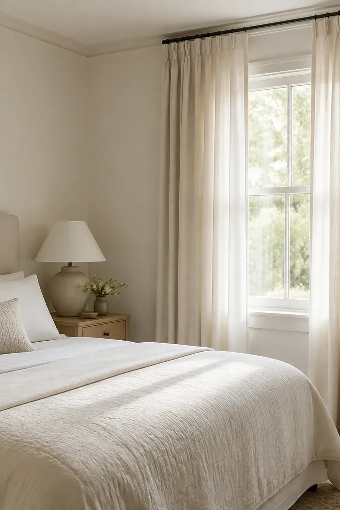 A small bedroom with a window near the corner. The curtain rod is mounted near the ceiling, with off-white linen panels hanging straight to the floor. There is no short valance. The bed is close to the window wall, and the bedding is light and simple.