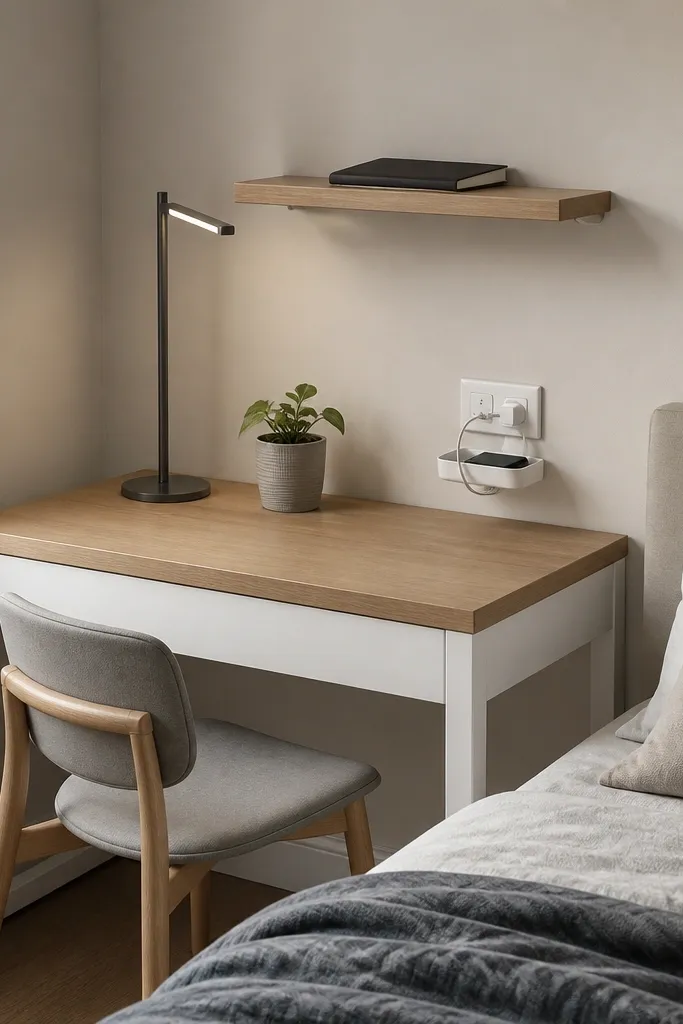 A compact bedroom corner has a small desk that doubles as a nightstand. The desk has a light wood top and a white base. A wall outlet has a small charging station mounted nearby. A narrow task lamp sits on the desk, and a wall shelf holds a single notebook.