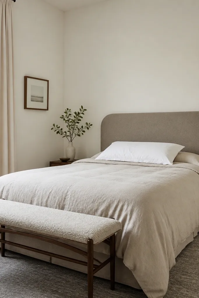 A small bedroom with a fabric headboard in taupe. The bed is a full-size with a duvet in light oatmeal and a single white pillow. There's a narrow bench at the foot with a textured cushion. The walls are painted warm white and the floor has a low-pile gray rug.