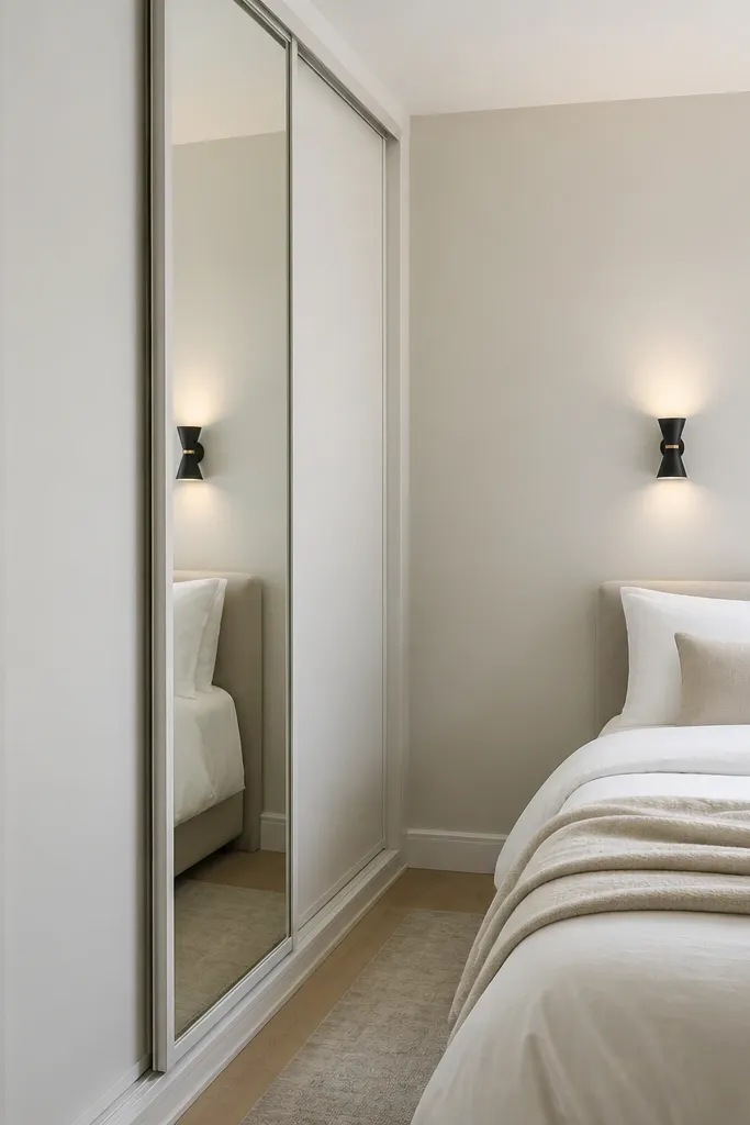 A narrow bedroom wall has a slim sliding wardrobe with matte white doors. One door panel is a tall mirror strip. The bed is on the opposite wall. Clothes are hidden behind the doors, and the wall above is blank except for a small black sconce.