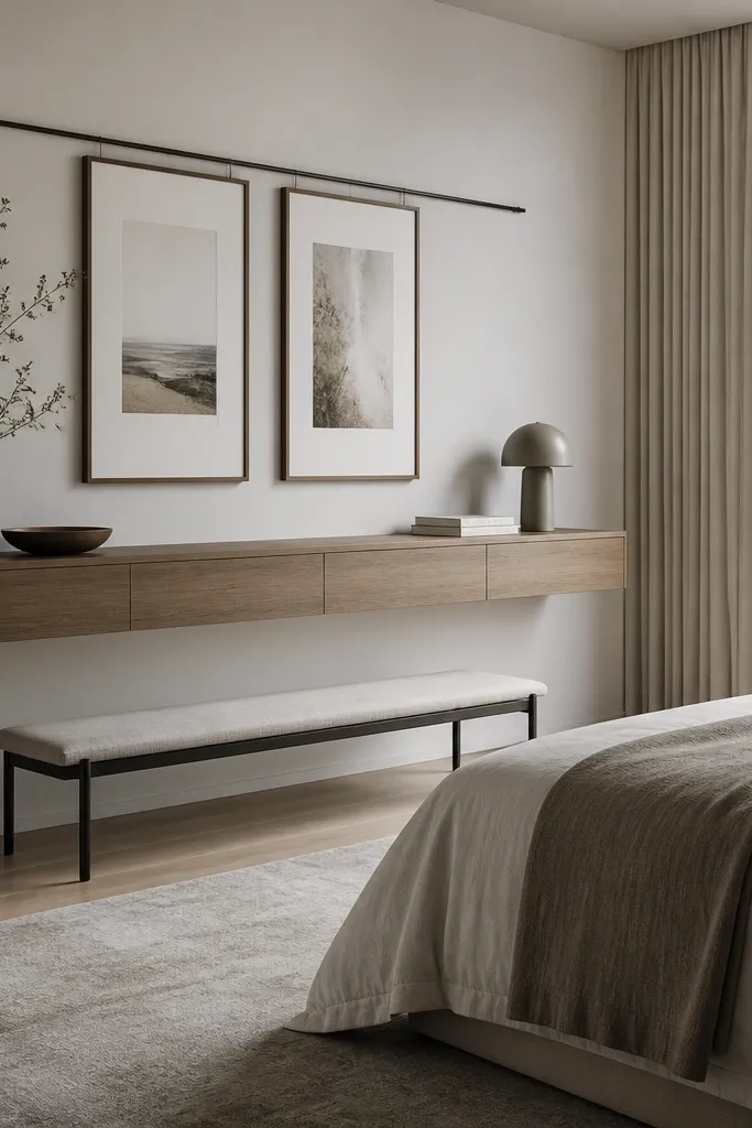 A floating wall-mounted dresser runs along one wall above a clear floor. Under it, a slim bench sits near the bed. Above the dresser, a gallery rail holds two framed prints with wide white mats. The room has a light gray rug and simple bedding.