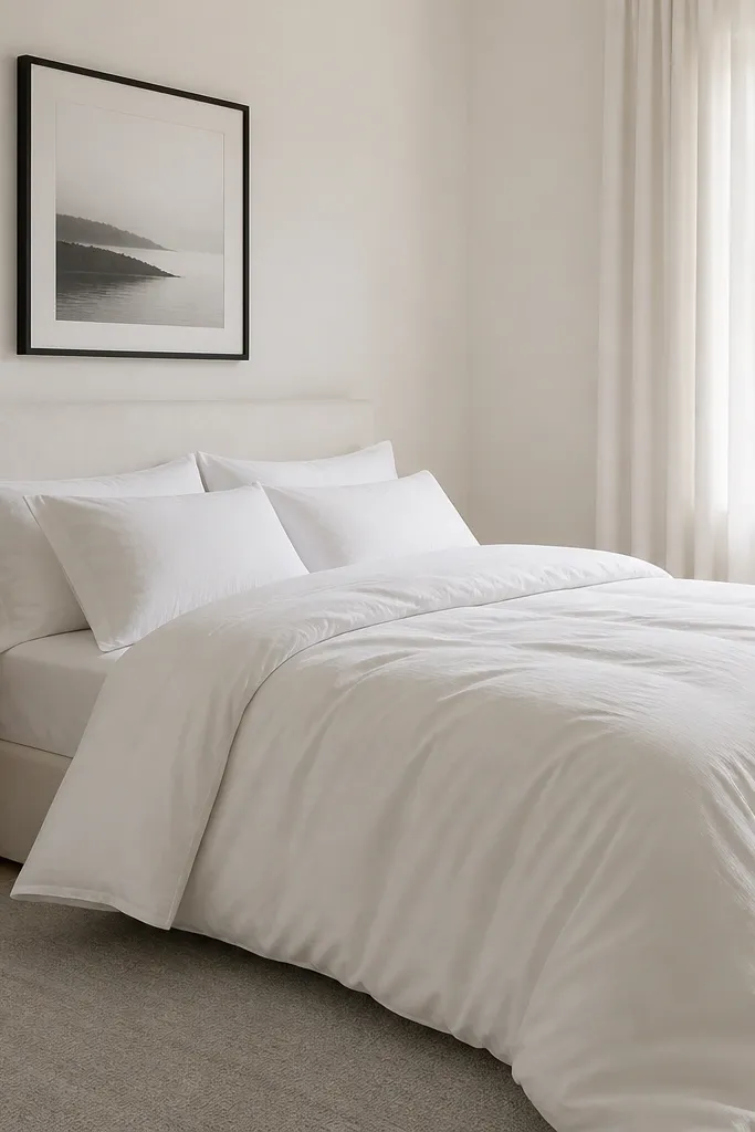 A small bedroom with monochrome bedding: all white sheets and duvet. There is one matte black accent: a black metal lamp and a black picture frame. The walls are pale warm white, and the rug is a light gray.