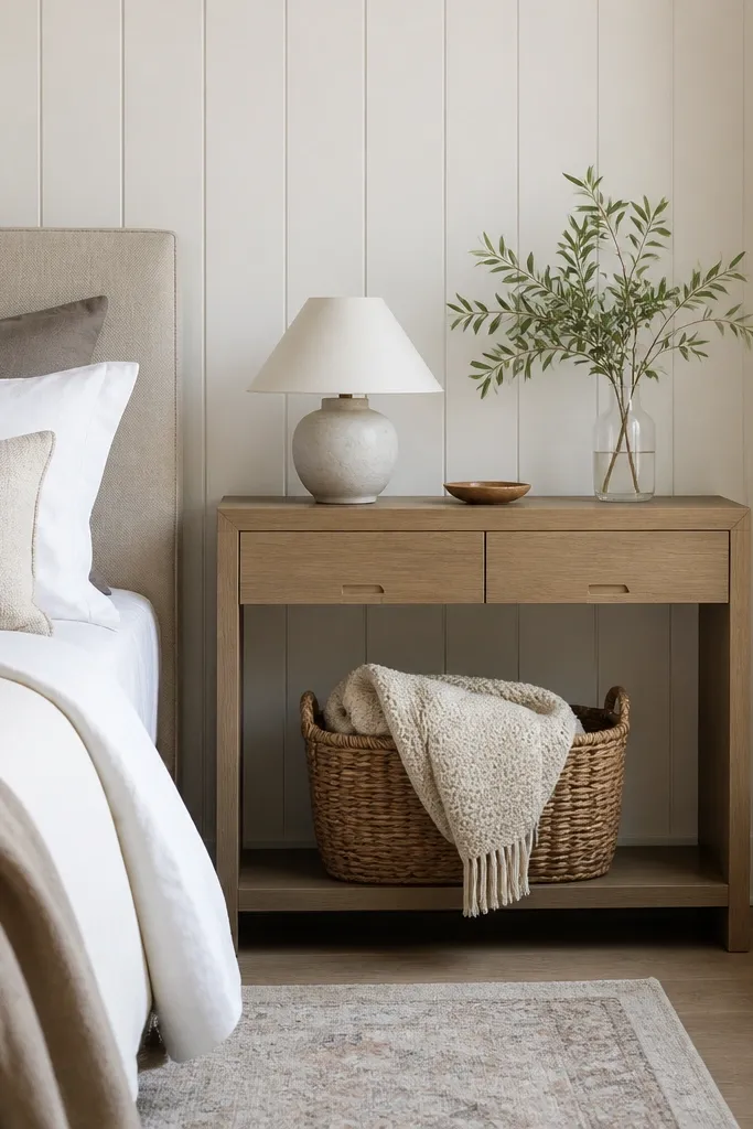 A narrow console sits beside the bed with shallow drawers and an open cubby. The console is about 10 inches deep. A small lamp sits on top, and a basket in the cubby holds a blanket. The wall behind has a simple vertical panel or slat look.