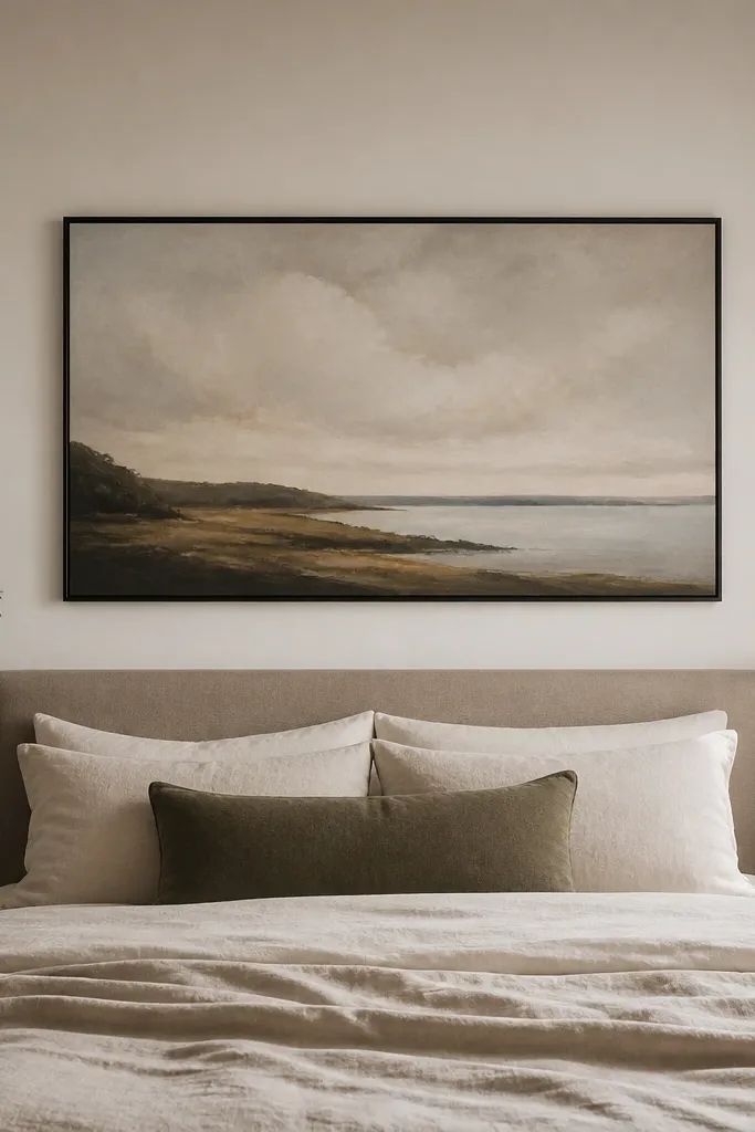 A small bedroom wall has one large horizontal artwork centered above the bed. The bed has a simple headboard, and the wall is painted warm white. The artwork has muted tones, and the frame is thin black. No other wall decor is present.