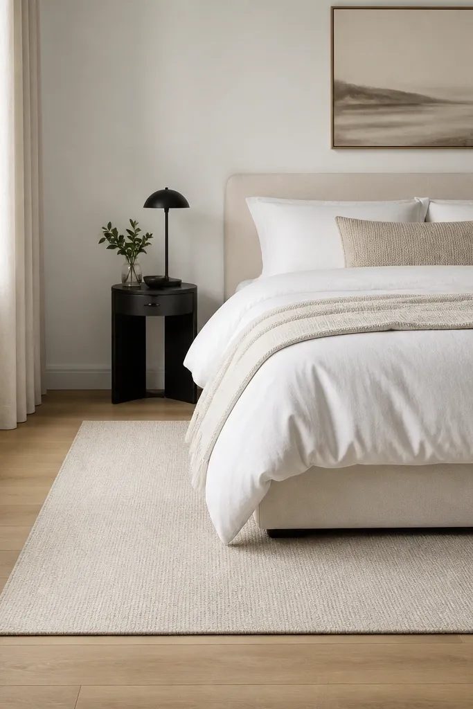 A small modern bedroom with a low-pile rug in light oatmeal. The rug has straight edges and sits under the front half of the bed. The floor is otherwise visible, and the bed has simple white bedding. A single small black side table is tucked close.