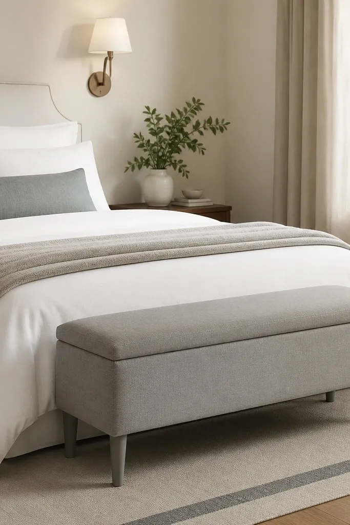 At the foot of a small bed, there is a slim upholstered bench in light gray. The bench lid lifts to store linens. The bedding is white with a folded throw at the side. There's a small rug with a simple border and a wall sconce above.