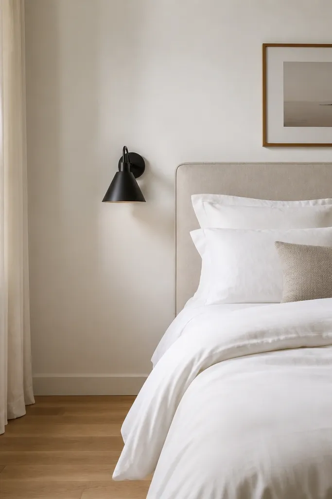 A compact bedroom with a matte black wall sconce mounted on the wall beside the bed. There is no lamp on a nightstand. The bed has white bedding and one small framed print. The wall paint is warm white and the floor is clear.