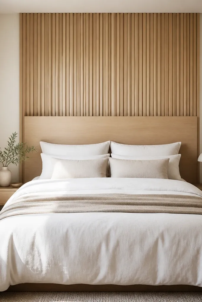 A small modern bedroom with a tall headboard in light wood. Behind it, there is a vertical slat panel in pale oak. The bed is centered, with white bedding and one thin neutral throw. The rest of the walls are plain warm white.