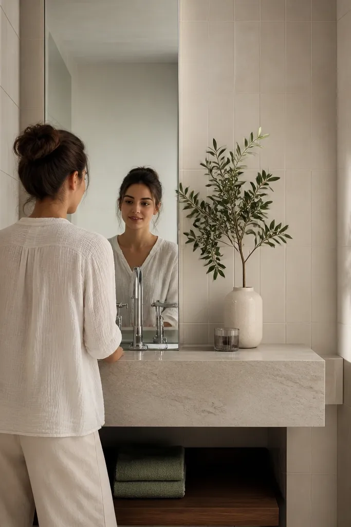 A small full bathroom wall covered in 12x24 rectangular ceramic tiles set vertically, with light greige grout lines. A white vanity sits below a mirror, and the tile pattern continues up to the ceiling with clean, straight edges.