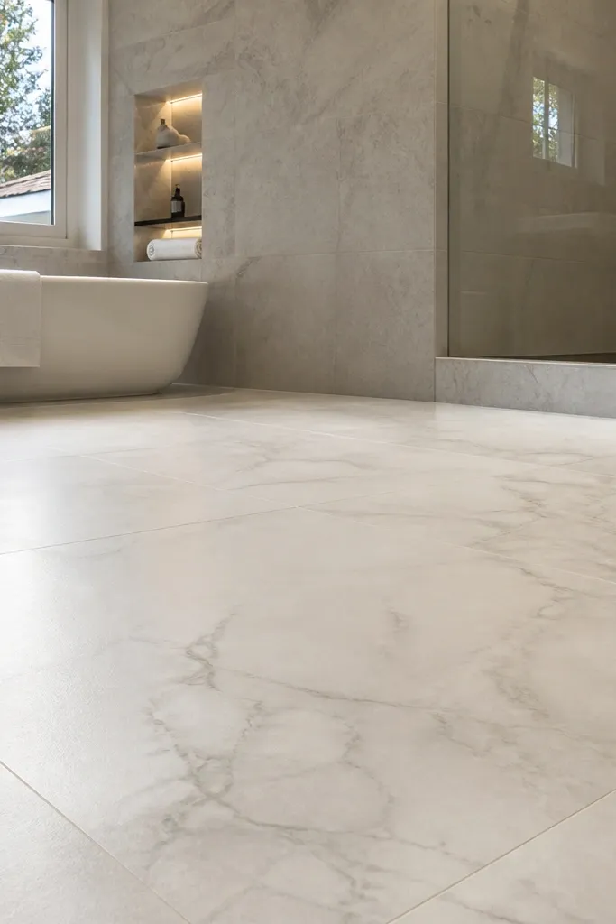 A compact bathroom floor laid with large 24x24 porcelain tiles in a soft marble pattern, mostly warm white with faint gray veining. The grout is a matching light tone, and the tiles are laid in a straight grid with minimal visual breaks.