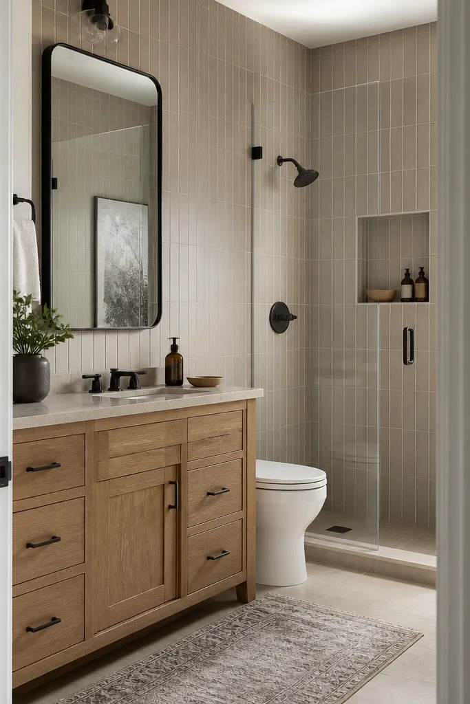 A small bathroom shower with a full-height tiled surround, using vertical rectangular tiles that match the main wall tile direction. The grout lines align at the corners and the pattern continues cleanly behind a glass door.