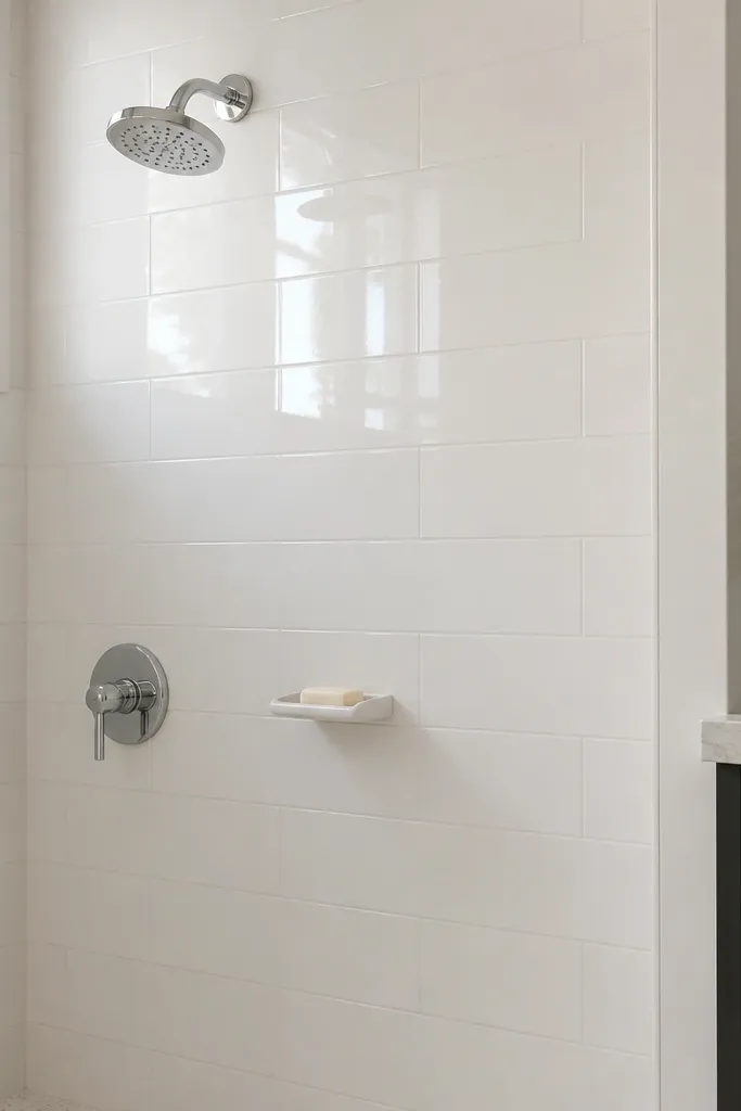 A full bathroom with a classic subway tile look: 2x8 tiles laid in a staggered brick pattern on the walls, with very thin grout lines. The bathroom has a white vanity and a frameless mirror.