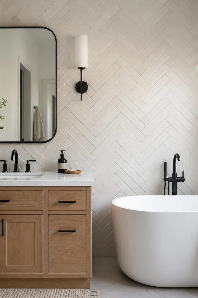 A small bathroom wall with herringbone tile in long 6x24 planks, forming a chevron pattern. The tiles are in a warm white tone with soft gray undertones and evenly spaced grout lines.