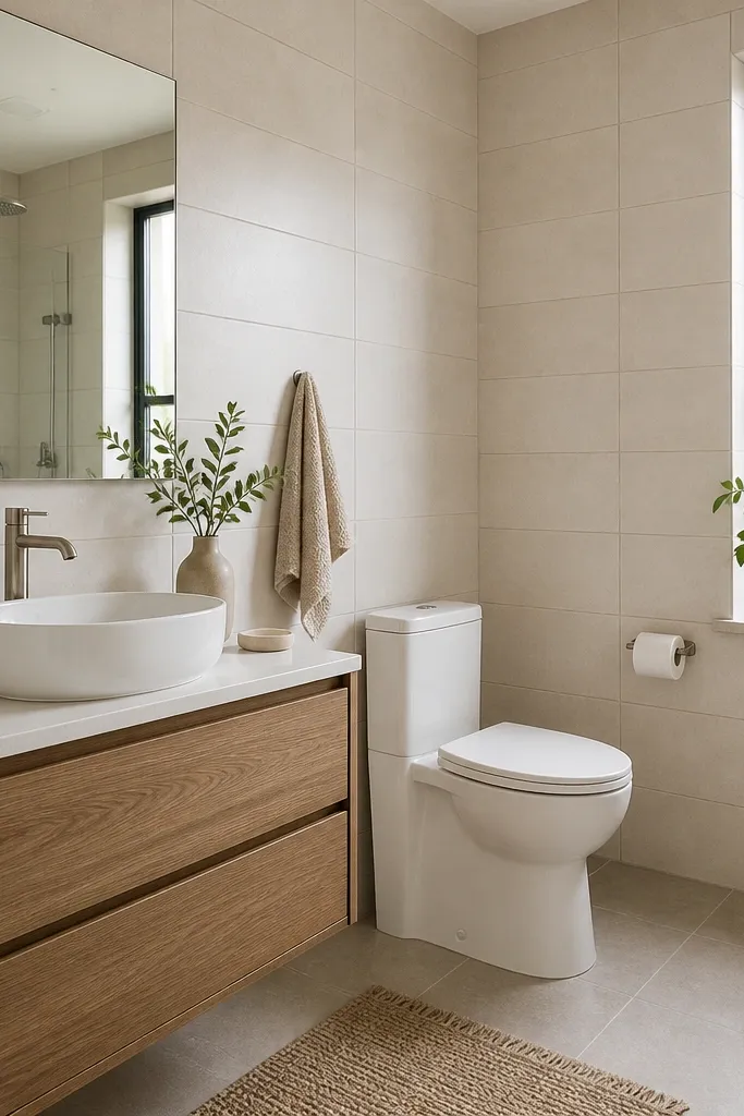 Bathroom walls covered in large 3x12 rectangular tiles laid straight in horizontal rows. The tiles are matte with a creamy white tone, and grout lines are thin and even.