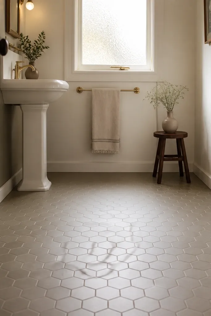 A full bathroom where the walls and lower half are covered with small hexagon tiles in a single tone, likely 1.5 inches, with consistent grout lines. The shower and vanity area feel cohesive because the same hex shape repeats.