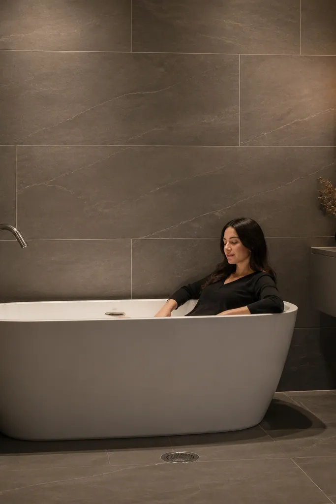 A small bathroom floor made of large slate-look porcelain tiles, mostly gray with subtle linear variation. The grout is light and the overall look feels airy despite the darker undertones.