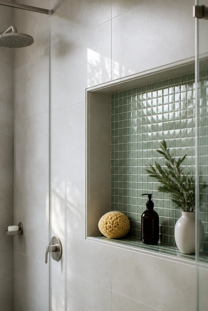 A tiled shower niche with a contrasting tile finish inside the niche, framed by the main wall tile. The niche uses smaller, glossy tiles while the surround uses larger matte tiles.
