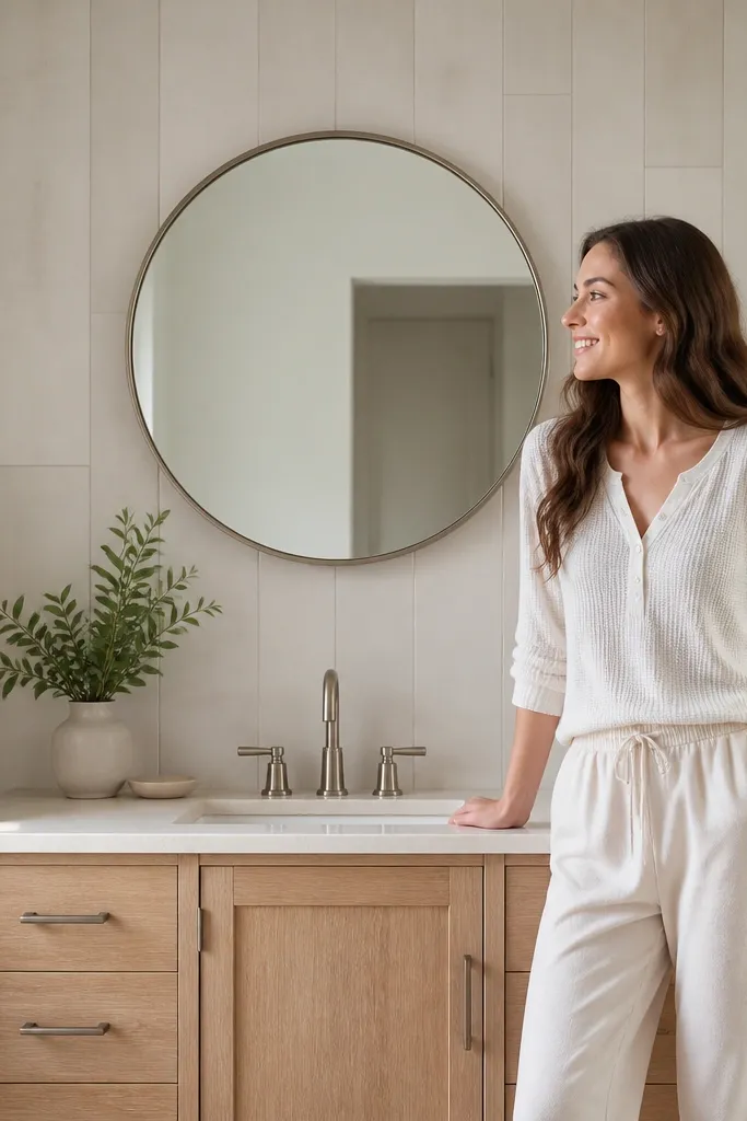 Bathroom walls with tall, vertical porcelain planks about 4 inches wide, installed from floor to near the ceiling. The tiles are a soft white with faint texture and straight, thin grout lines.