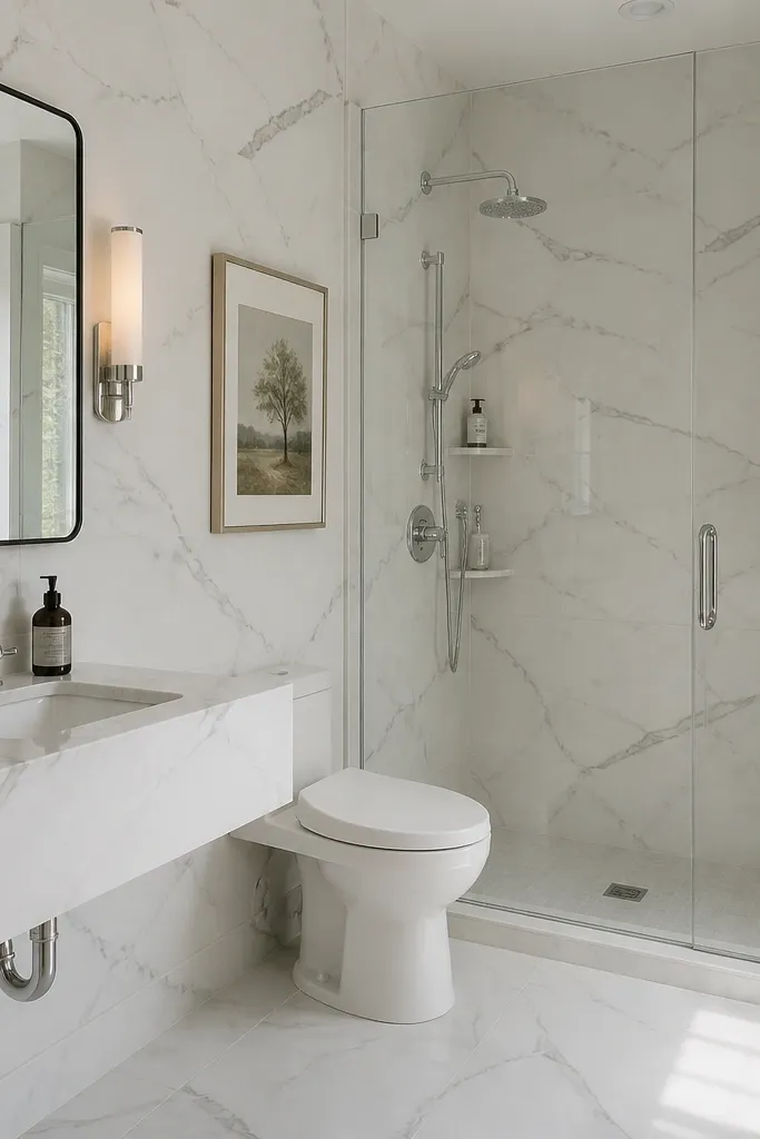 A small bathroom wall with large Carrara-style white tile pieces and very subtle gray veining. The grout is a matching light white/cream tone, and the veining aligns across adjacent tiles.