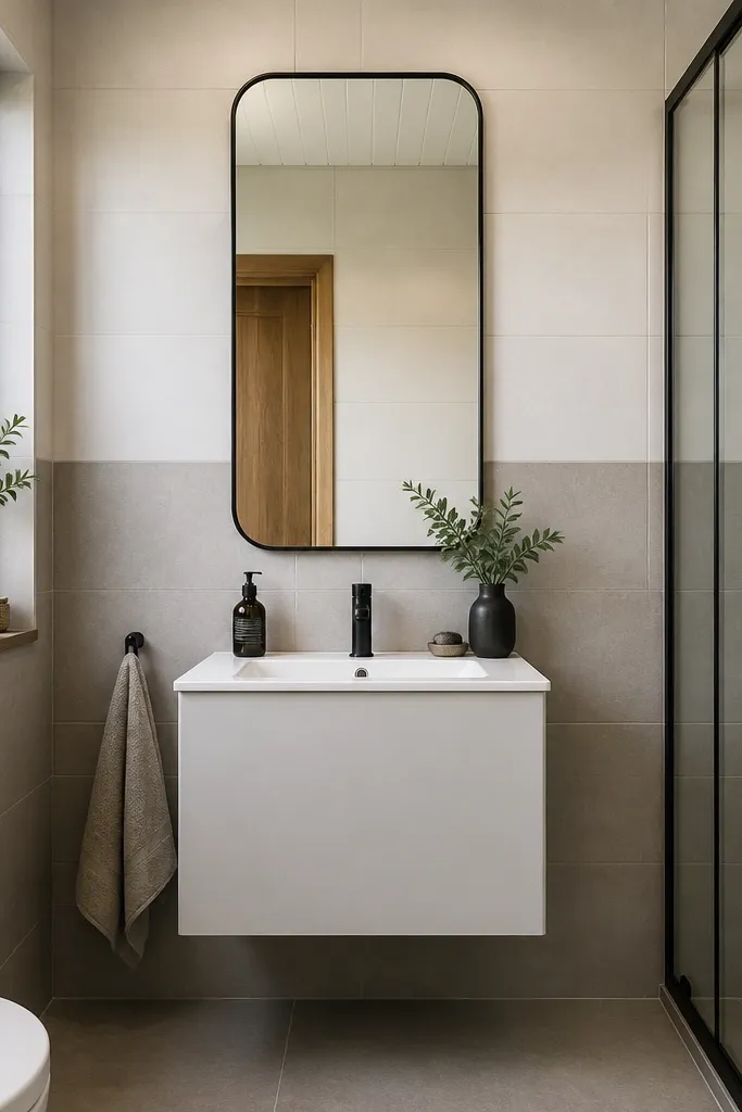 Bathroom walls split into two horizontal sections: the upper half uses a lighter tile, and the lower half uses a deeper neutral tile. The split line is straight and clean with consistent grout.