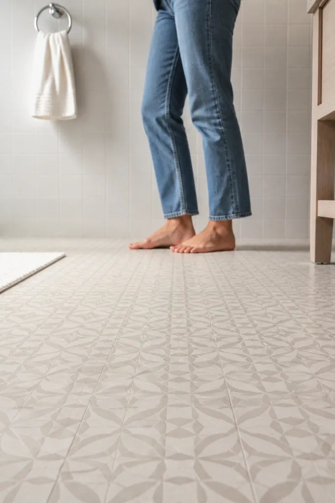 A small bathroom floor with a subtle patterned tile, like small geometric motifs in light neutrals. The walls are covered in plain white or cream tile with thin grout lines.