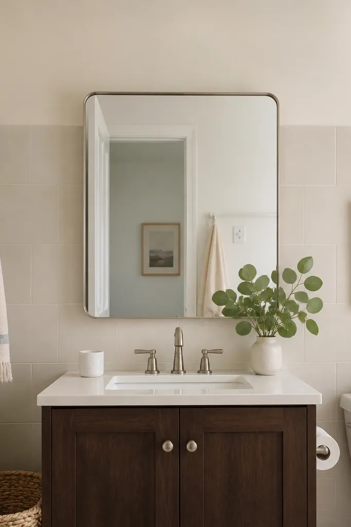 A bathroom wall tiled from the floor up to the top edge of a large mirror, with the top border stopping cleanly. The tile color is light and the grout lines are thin.