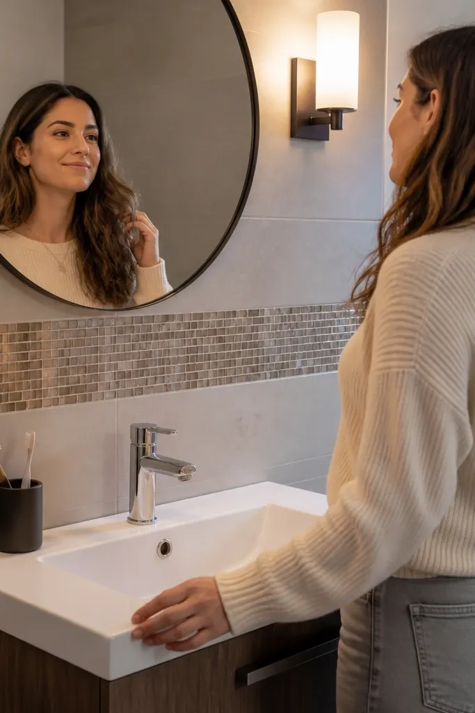 A small bathroom vanity back wall with a mosaic accent strip running horizontally behind the sink area. The rest of the wall uses simple large-format tile.