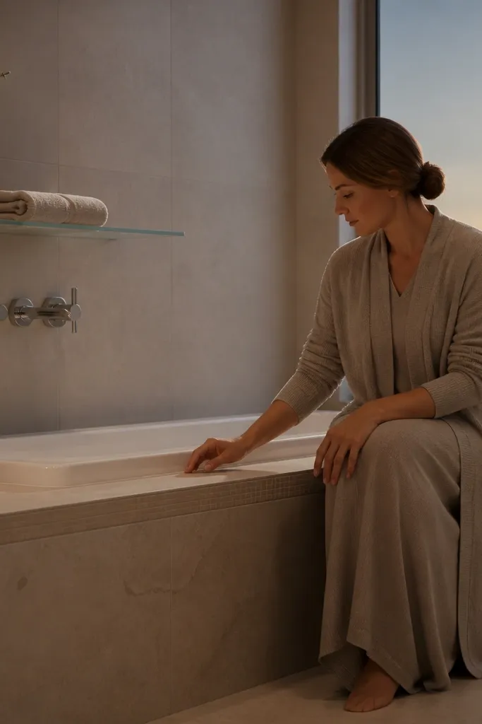 A bathroom tub area where the wall tile continues, but the tub deck has a distinct tile band near the top edge. The edge looks clean and simple with minimal trim.
