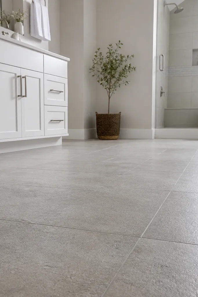 Bathroom floor tile in a matte finish with a subtle raked or brushed texture, in a light neutral color. Grout lines are light and the floor looks calm rather than shiny.