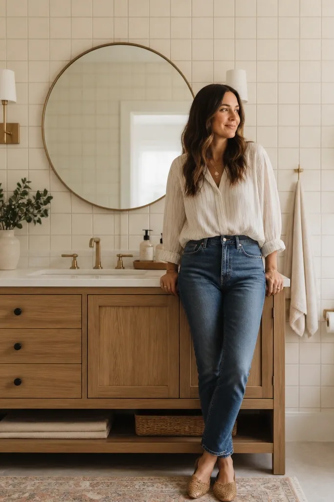 A small bathroom wall with warm white rectangular tiles and soft taupe grout lines. The grout lines are visible but gentle, and the overall look feels calm and cohesive.