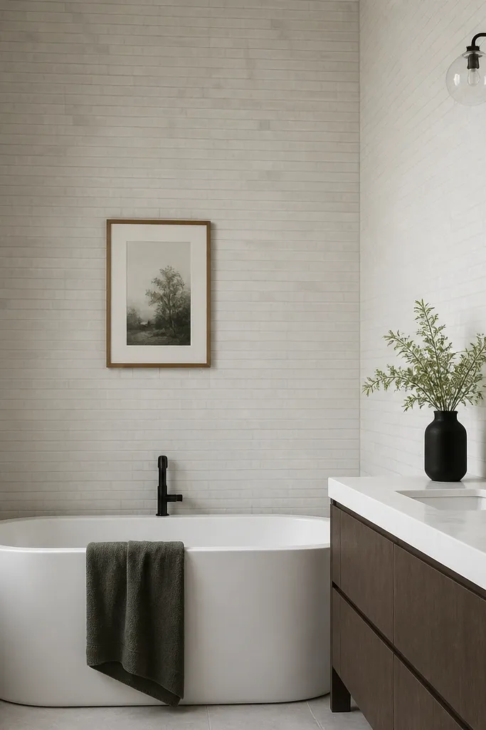 A small full bathroom with glossy cream tile laid in a tight brick pattern from the floor to the ceiling. The grout is a warm light-taupe, and the offset is small, about 1/3 of the tile width. A single window light reflects off the tile, and the pattern lines up cleanly around a white vanity and a frameless mirror.