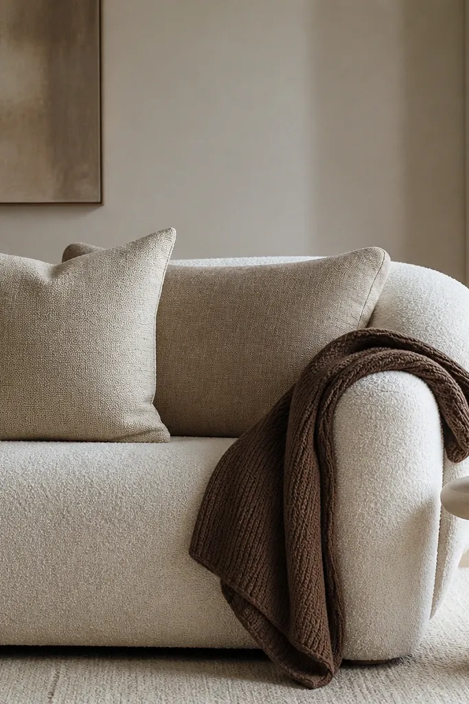A cream boucle sofa with a rounded arm. Two cushions sit in front: one square 45x45 cm in oatmeal, one slightly larger rectangular cushion in warm taupe. A single throw in coffee-brown knit rests over the right arm; a small aged brass tray sits on a nearby side table.