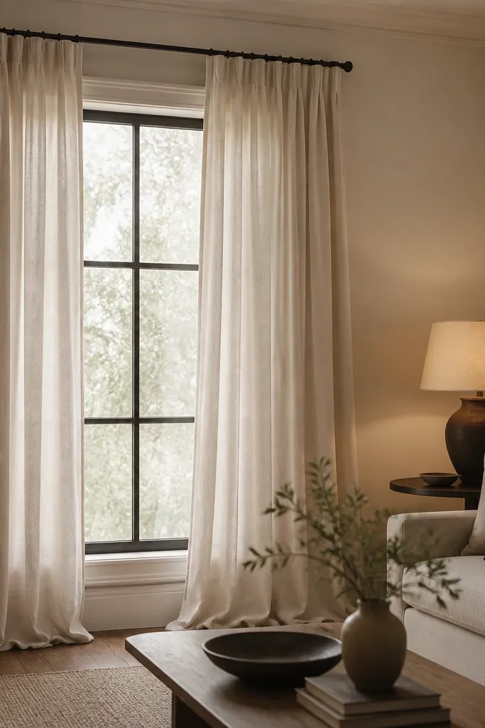 Floor-length curtains in warm ivory linen blend hang from a rod mounted 20 cm above the window trim. The fabric pools slightly at the floor. A simple black curtain rod brackets the top, and the window area is lit by a warm lamp.