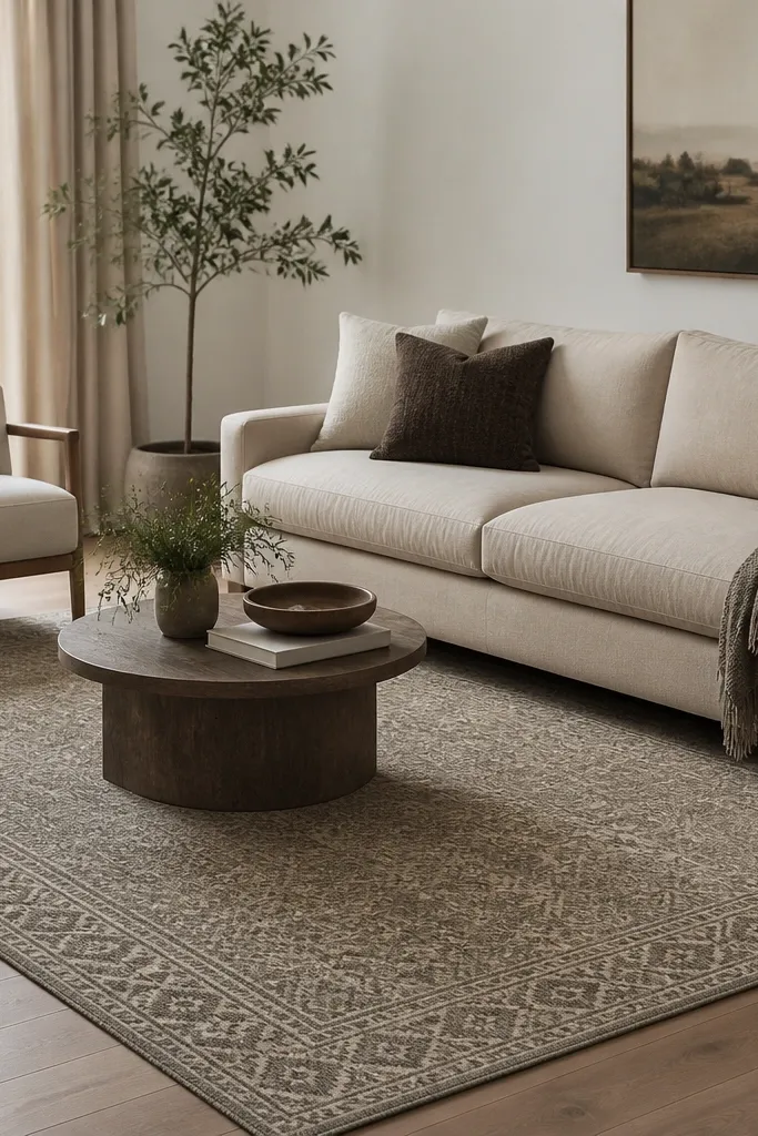 A muted greige wool rug with a low pile pattern sits under a sofa. The rug extends so the front legs of the sofa and one chair are on it. The edges are clean and straight.