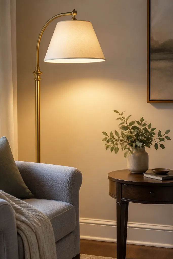 A warm brass floor lamp stands beside an armchair. The shade is a soft cream fabric, not glossy. Light pools on the wall and gently on a nearby side table.