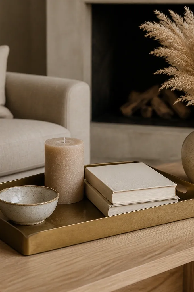 A light oak coffee table holds a rectangular warm brass tray. Inside the tray are a small ceramic bowl, a thick pillar candle in sand colour, and a short stack of two books with cream covers. A vase with dried pampas sits on the side, not inside the tray.