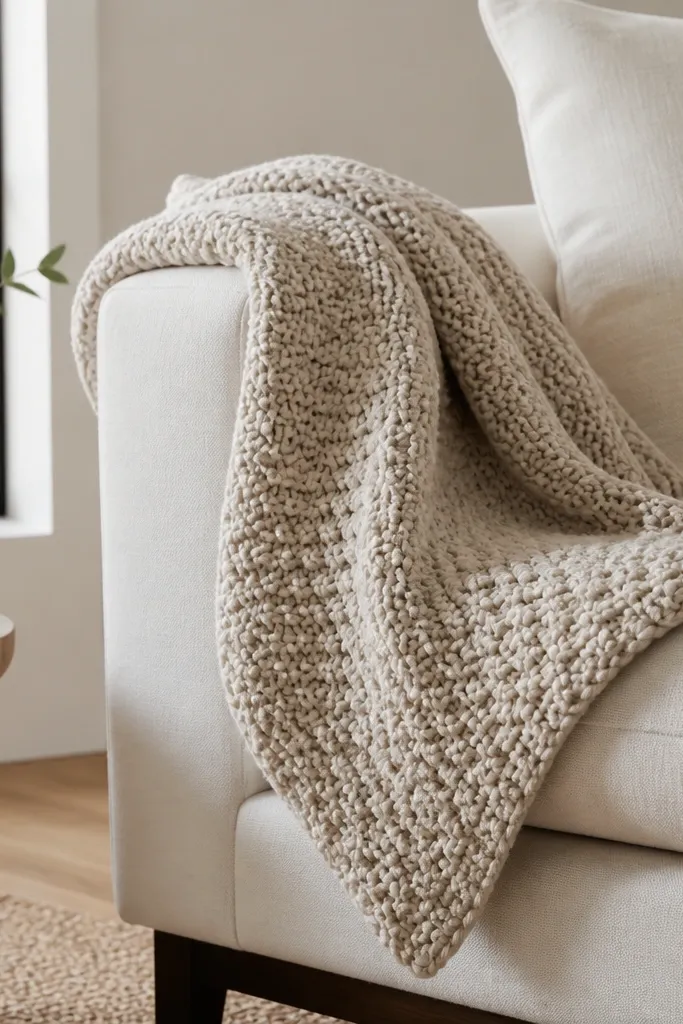 A chunky knit throw in oatmeal drapes over the arm of a light sofa. One corner is tucked under so it holds a neat angle. The throw texture is visible, with thick loops catching light.