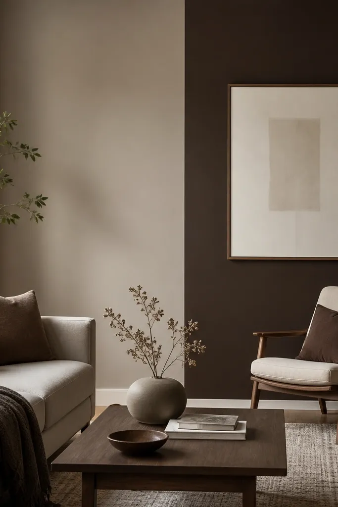 A living room wall is painted warm greige on most of the wall. One side behind a chair is painted deep coffee brown. A framed print in off-white sits centered on the darker panel.