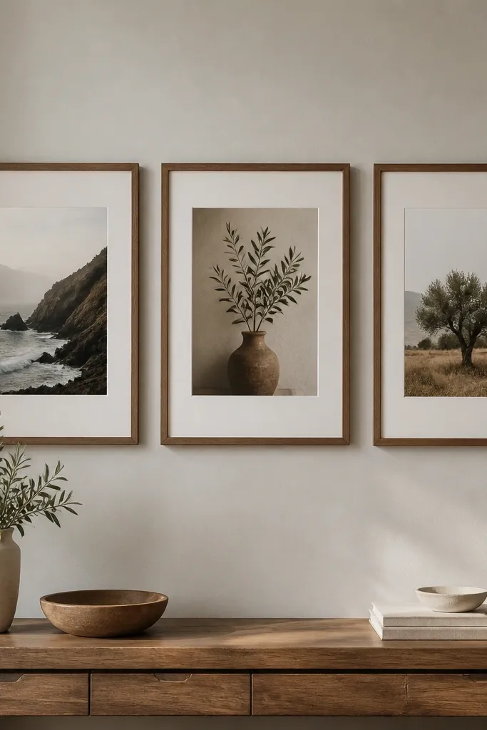 A gallery wall with three framed prints in the same warm wood tone. Each frame has a thick off-white mat. The frames are hung in a neat grid above a console table.