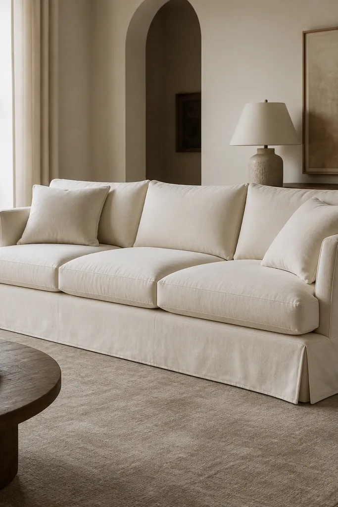 A warm ivory slipcovered sofa with tailored seams and a slightly relaxed skirt. Cushion covers look like they match the slipcover tone. The sofa sits on a large greige rug.