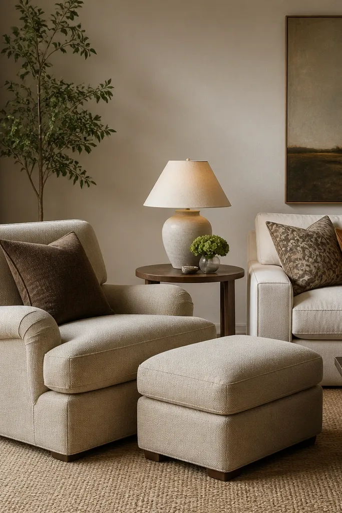 An oversized upholstered armchair in oat fabric sits angled toward the sofa. A matching footstool in the same fabric is placed in front. A small round side table with a warm lamp sits between chair and sofa.