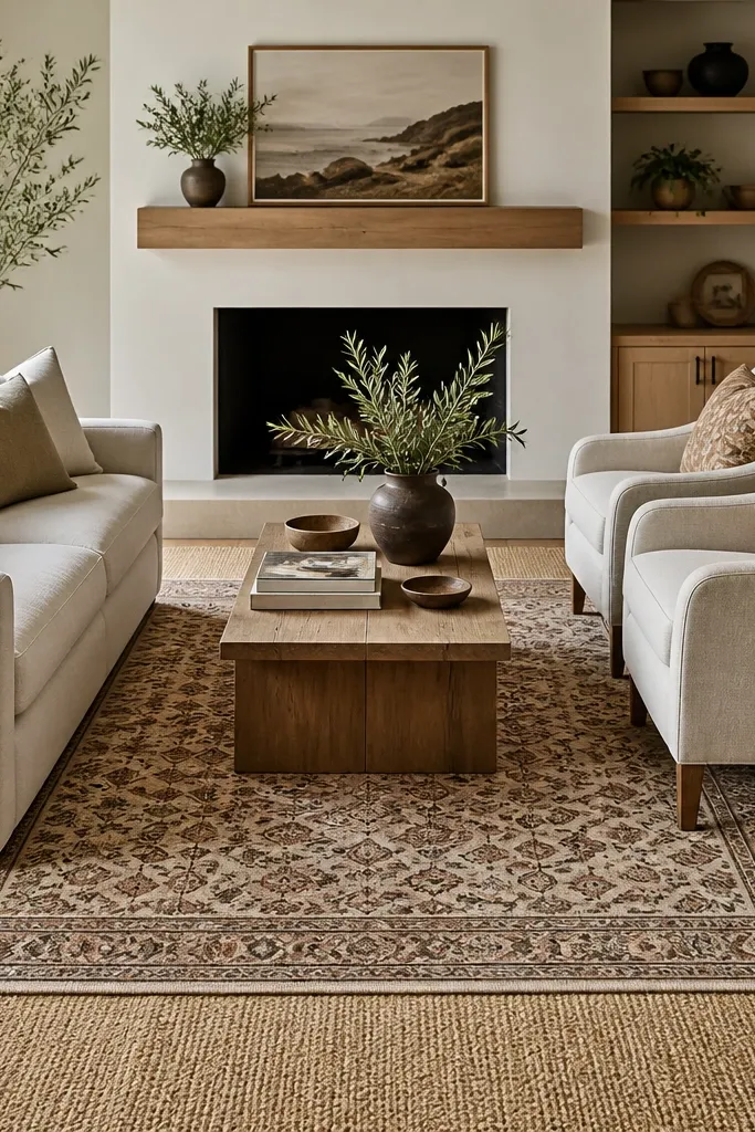 A jute-look rug base sits underneath a smaller patterned wool rug. The edges of the top rug are visible and create a border effect. The seating area sits fully on the top rug.