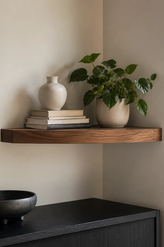 A floating corner shelf holds stacked books, a small ceramic vase in warm white, and a single leafy plant. The shelf has a warm wood finish and sits above a dark console or cabinet.