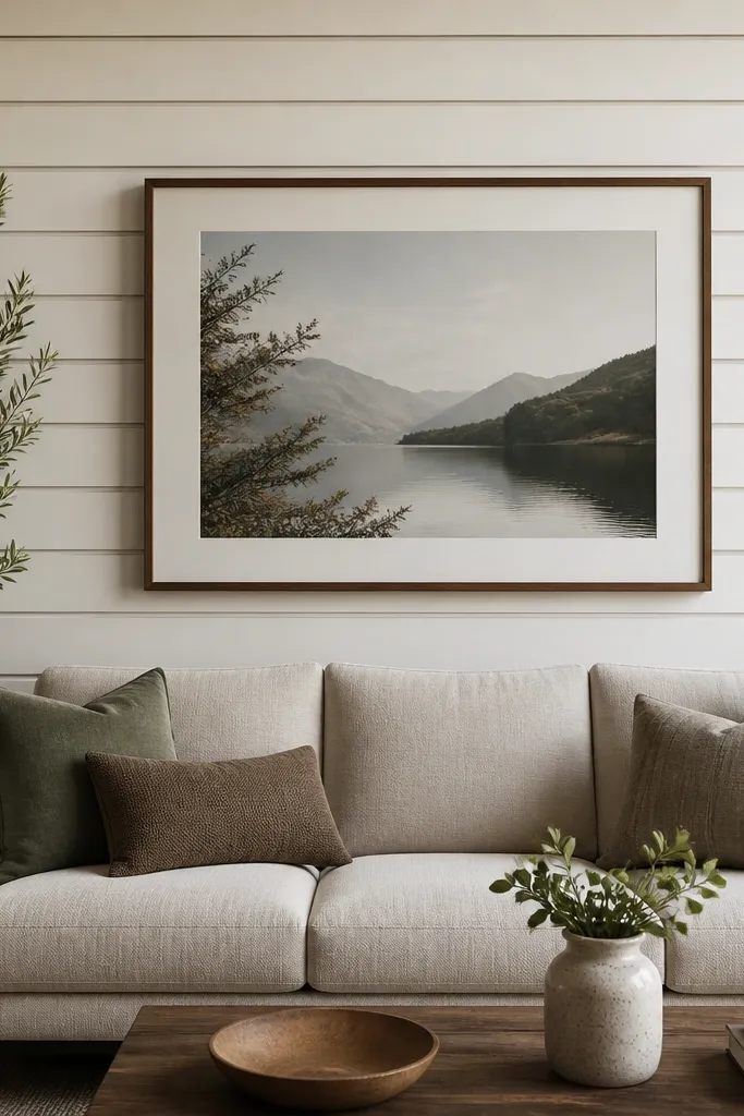 A sofa sits against an off-white wall with horizontal textured paneling. The wall has soft shadows in the grooves. A large framed print hangs centered above the sofa back.