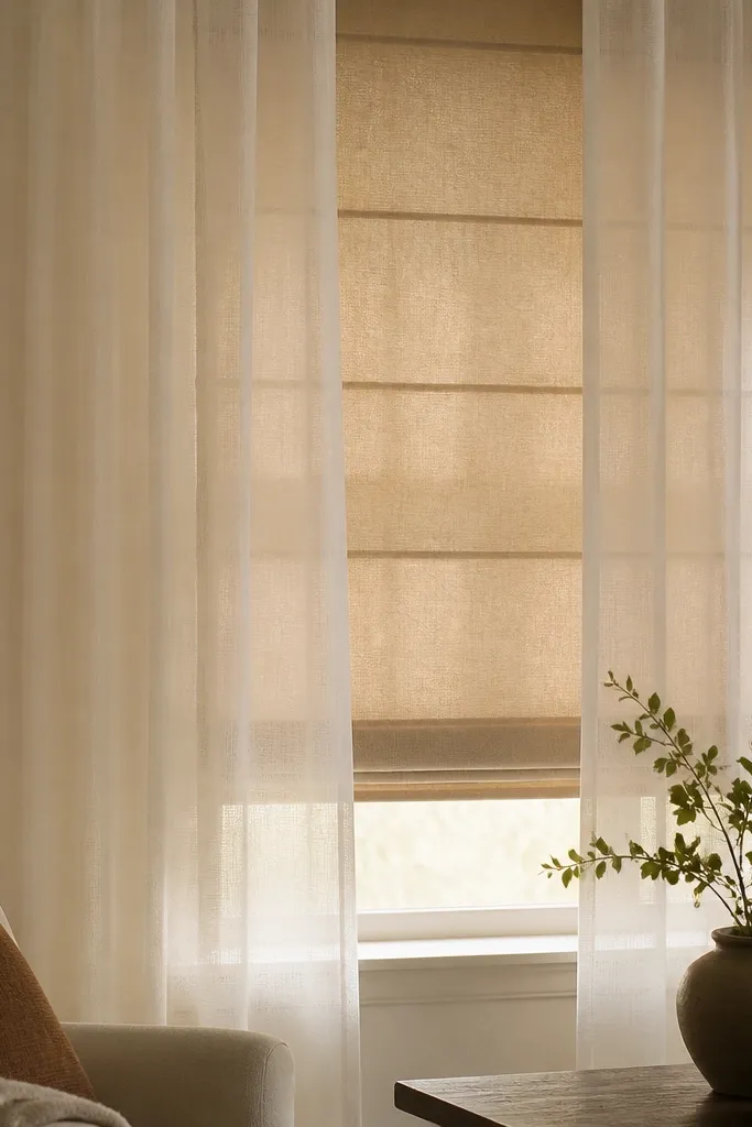 Inside a living room window, a warm beige Roman shade sits closed behind a sheer curtain. Light filters through the sheer. The Roman shade fabric looks matte and soft.