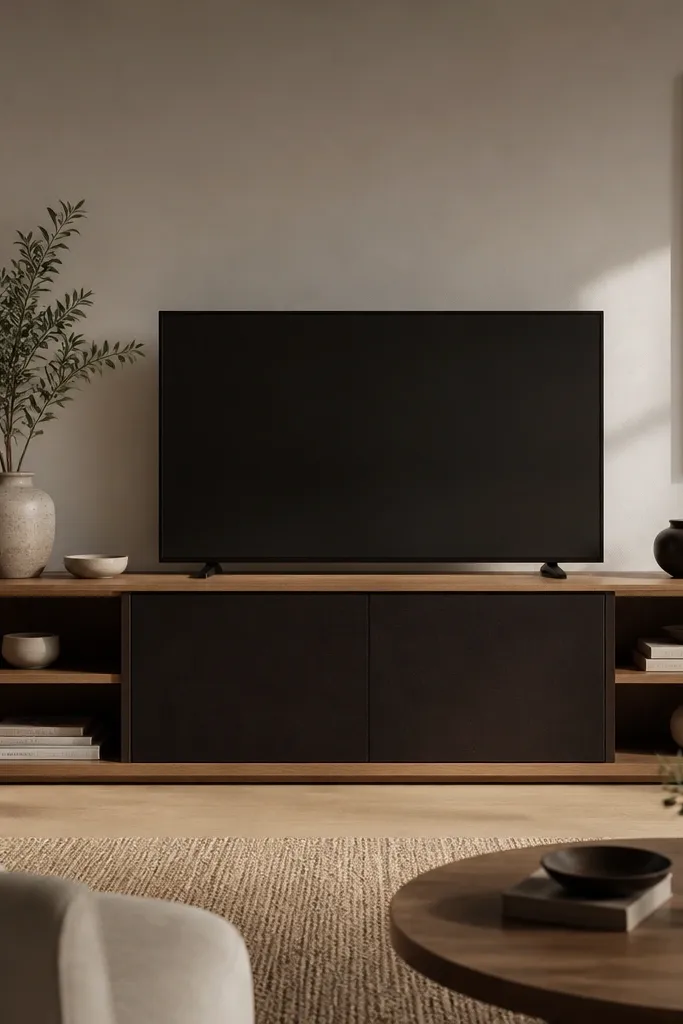 A low entertainment unit in warm oak has closed cabinet doors in dark espresso and open shelves on the ends. The open shelves hold books and a few ceramics. The TV is centered.