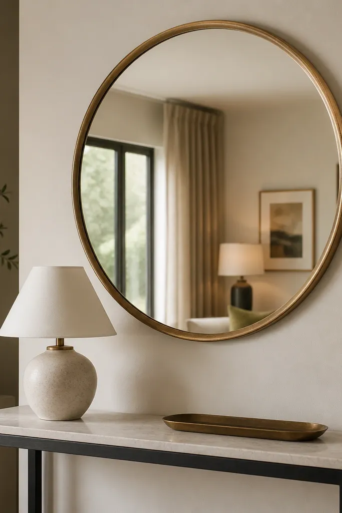 A round mirror with a warm gold or aged brass frame hangs above a narrow console table. The mirror reflects part of the room including a lamp and curtains. Small decor sits on the console: a ceramic lamp base and a slim tray.