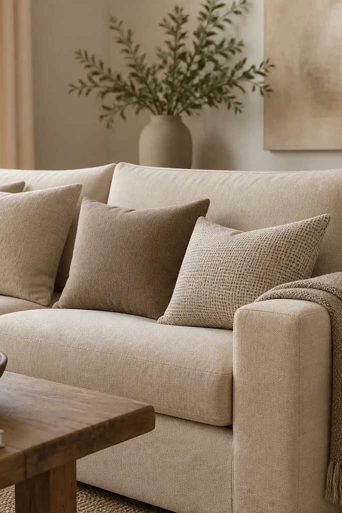 A sofa with mostly solid cushions in oatmeal and warm taupe. One cushion has a muted subtle pattern in the same palette - small woven dots or tiny stripes. A matching throw sits over the arm.